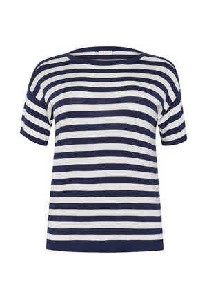 Sweter z krótkim rękawem w paski w granatowe i białe poziome paski, z okrągłym dekoltem i miękką, lekką fakturą.