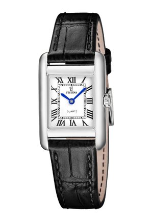 Rechteckige silberne Uhr mit weißem Zifferblatt, schwarzen römischen Ziffern, blauen Zeigern und schwarzem Lederarmband. Marke Festina, Quarzuhrwerk.