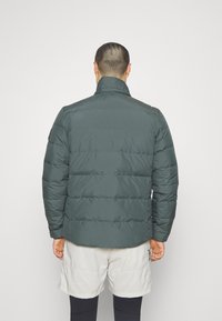 Dunkelgrüne Daunenjacke mit hohem Kragen, gestepptem Design und langen Ärmeln. Leichtes Material; keine sichtbaren Beschläge oder Muster.