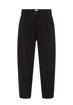 Schwarze, maßgeschneiderte Hose mit Gürtelschlaufen, Knopf- und Reißverschluss vorne sowie geradem Beinverlauf.