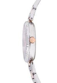 Sudraba un rozā zelta rokas pulkstenis ar apaļu korpusu, teksturētu rāmi un savienotu aproces dizainu. Iekļauts vainags sānos.