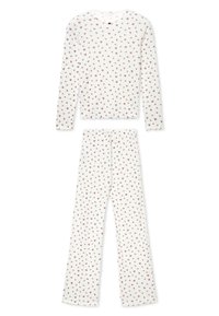 Pigiama a maniche lunghe con collo rotondo, realizzato in cotone bianco con una piccola stampa floreale rossa. I pantaloni sono dritti con vita elasticizzata. Tessuto morbido.