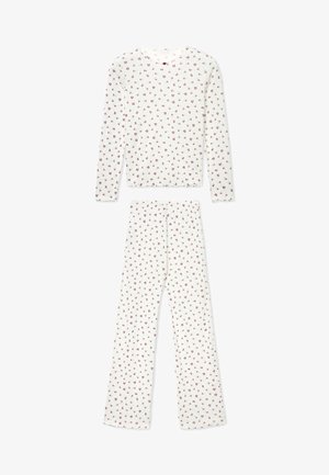 Ensemble de pyjama à manches longues et col rond en coton blanc avec un petit motif floral rouge. Le pantalon est droit avec une ceinture élastique. Texture douce.