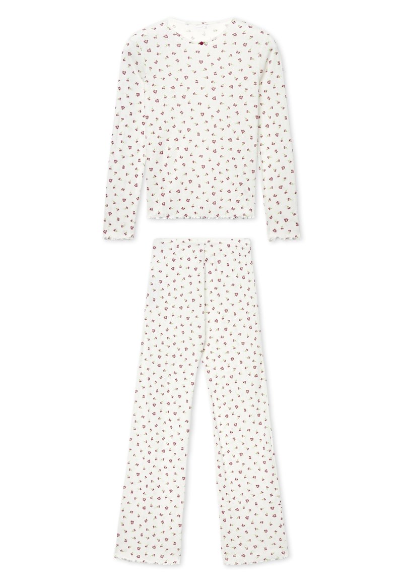 Pigiama a maniche lunghe con collo rotondo, realizzato in cotone bianco con una piccola stampa floreale rossa. I pantaloni sono dritti con vita elasticizzata. Tessuto morbido.