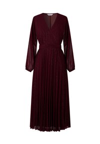 Burgunderfarbenes langärmeliges Kleid mit V-Ausschnitt, plissiertem Rock und einem taillierten Gürtel. Es hat ein schimmerndes punktiertes Muster im gesamten Kleid.