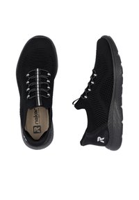 Black athletic shoes featuring a breathable knit upper, textured design, rubber outsole, and contrasting laces with silver accents.
