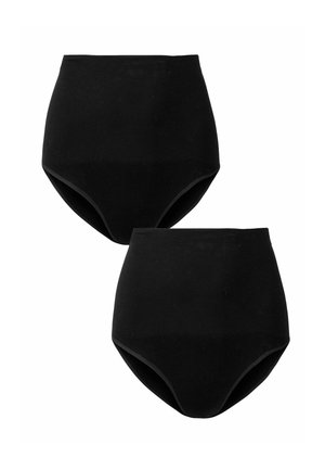 Zwei schwarze nahtlose Unterhosen mit hoher Taille, von vorne auf weißem Hintergrund dargestellt.