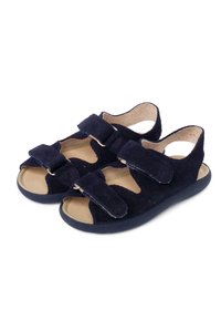 Navy blue suede sandals featuring two adjustable straps, an open back, and a textured insole, with a flexible rubber sole.