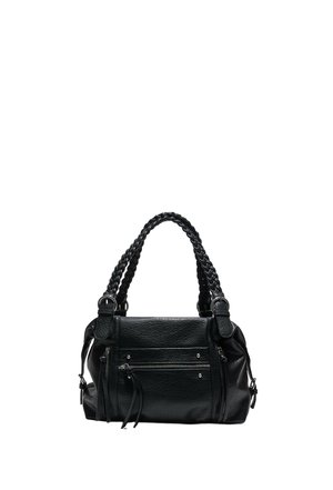 Schwarze Lederhandtasche mit geflochtenen Griffen, vorderer Reißverschlusstasche und seitlichen Schnallendetails vor weißem Hintergrund.