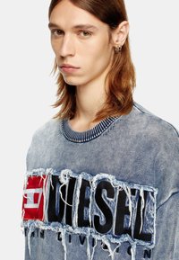 Versleten denim sweatshirt in blauw met een geribbelde hals. Kenmerkt zich door een groot "DIESEL" logo in zwart en rood, met franje-randen en een casual pasvorm.