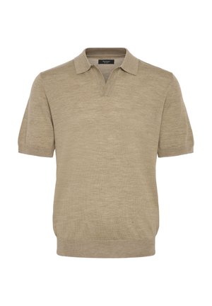 Kurzarm-Polohemd in hellbeige, aus weichem Stoff gefertigt. Mit V-Ausschnitt und geripptem Abschluss an Kragen und Saum.