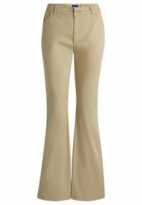 Beige utsvängda byxor i lätt tyg, med bälteshällor, framfickor och en slät yta med en ren fåll.