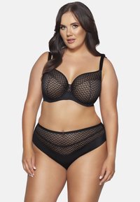 Schwarzes Dessous-Set mit einem Zickzack-Maschenmuster auf dem BH und dem Slip, mit glatten Stoffakzenten und verstellbaren Trägern.