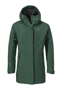 Dark green waterproof jacket with a hood, front zipper, and snap closures; features side pockets and a logo on the chest.