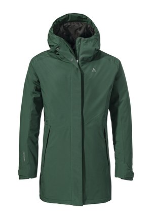 Dunkelgrüne wasserdichte Jacke mit Kapuze, frontalem Reißverschluss und Druckknöpfen; verfügt über Seitentaschen und ein Logo auf der Brust.