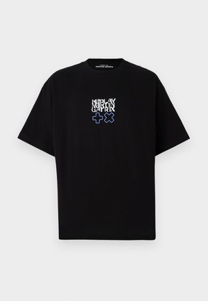 T-shirt nera in cotone con una vestibilità ampia. Presenta una stampa grafica in bianco e blu, con il testo "REPLAY MARTIN GATRIX" e simboli.