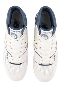 New Balance 650 sneakers in white with navy accents. Features mesh and leather materials, perforated detailing, and a padded collar.