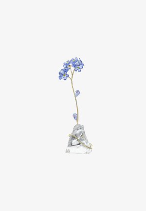 Scultura di fiori di cristallo con fiori blu con centri gialli, steli dorati e una base cristallina trasparente dalle linee eleganti.