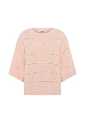 Light pink knitted sweater with short sleeves, featuring horizontal stripes and open knit details, finished with a ribbed neckline and hem.