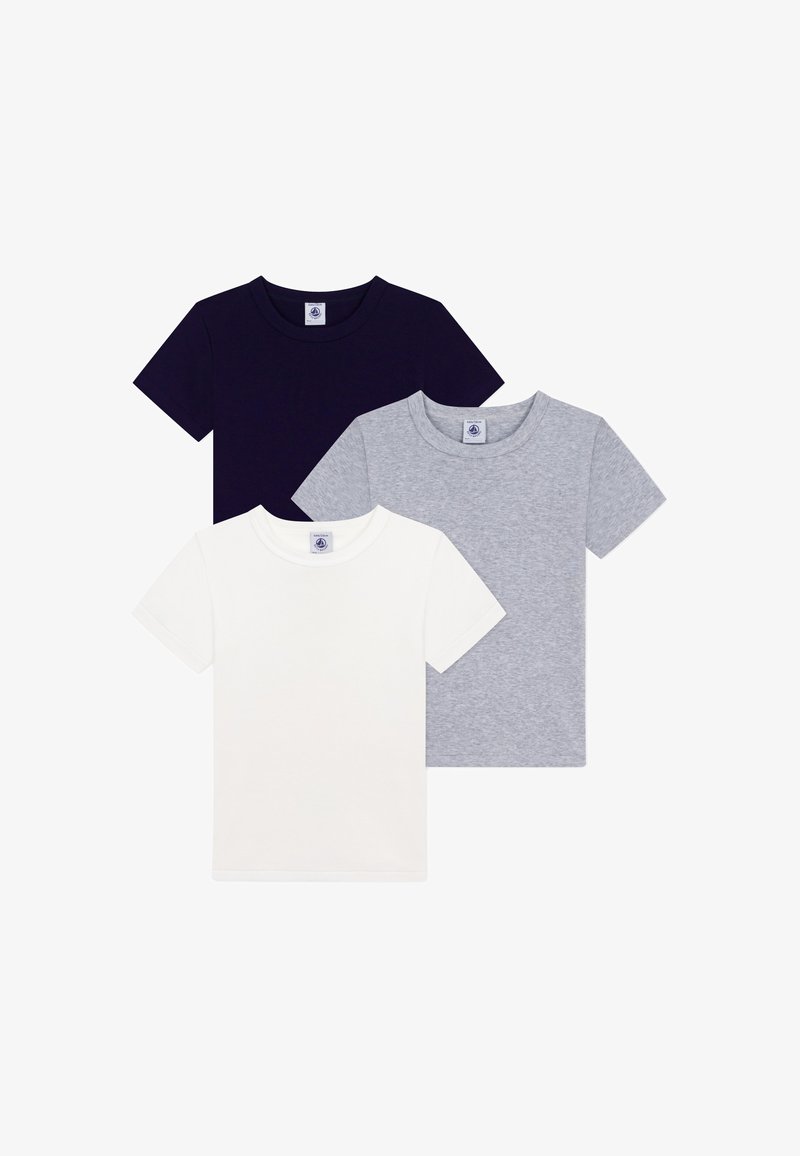Set of three short-sleeve T-shirts: navy blue, white, and grey. Made of soft cotton, featuring a classic crew neckline and tagless labels.