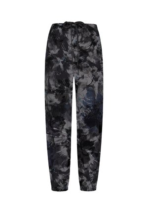Czarne i szare spodnie dresowe w kwiatowy wzór, z elastycznym pasem i sznurkiem do regulacji. Miękki materiał z ściągaczami u dołu nogawek.