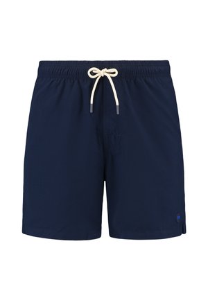 Marineblaue Badeshorts aus glattem Stoff. Elastischer Bund mit beigem Kordelzug und Seitenschlitzen für mehr Komfort. Kleine Logodetails.