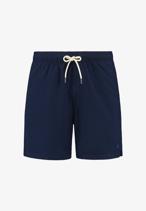 Mørkeblå badebukser lavet af glat stof. Elastisk talje med en cremefarvet snor og sideslids for komfort. Lille logo detalje.