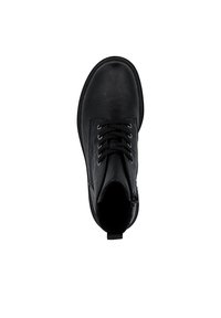 Botte de cheville en cuir noir avec bout rond, fermeture à lacets et fermeture éclair sur le côté. Texture lisse et design minimaliste. Semelle en caoutchouc plate.