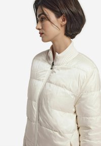 Doudoune légère de couleur crème, dotée d'un col côtelé et d'une fermeture éclair. La surface présente une texture lisse et brillante avec des sections matelassées.