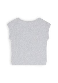 Szary t-shirt z krótkim rękawem, o luźnym kroju i okrągłym dekolcie. Miękka tkanina o gładkiej fakturze. Na boku znajduje się mała metka.