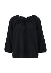 Czarna wpleciona bluzka o luźnym kroju, okrągłym dekolcie i detalach z wiązaniem z przodu. Posiada długie bufiaste r�ękawy oraz teksturowany materiał.