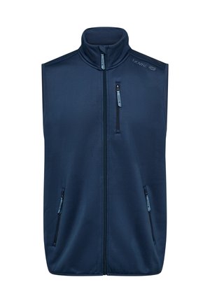Marineblå polstret vest med høj krave, fuld frontlynlås og tre lynlåsede lommer. Glat tekstur og minimalistisk design.