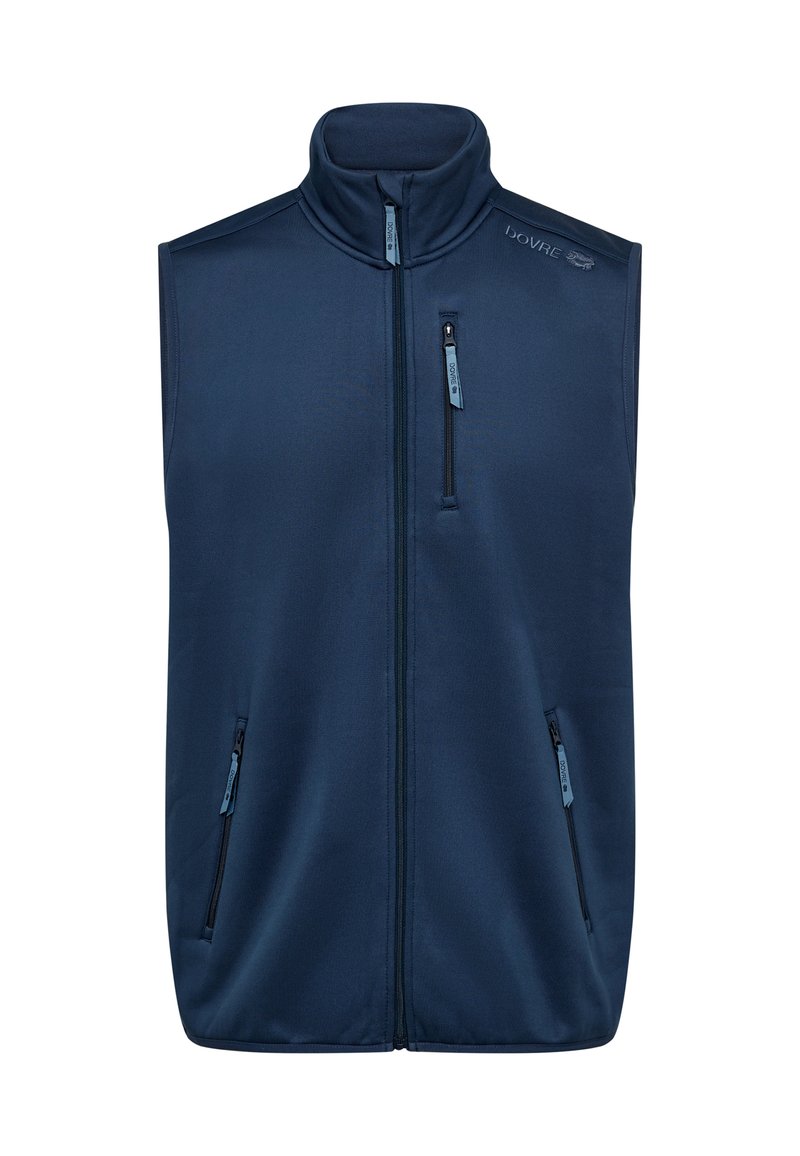 Marineblå polstret vest med høj krave, fuld frontlynlås og tre lynlåsede lommer. Glat tekstur og minimalistisk design.