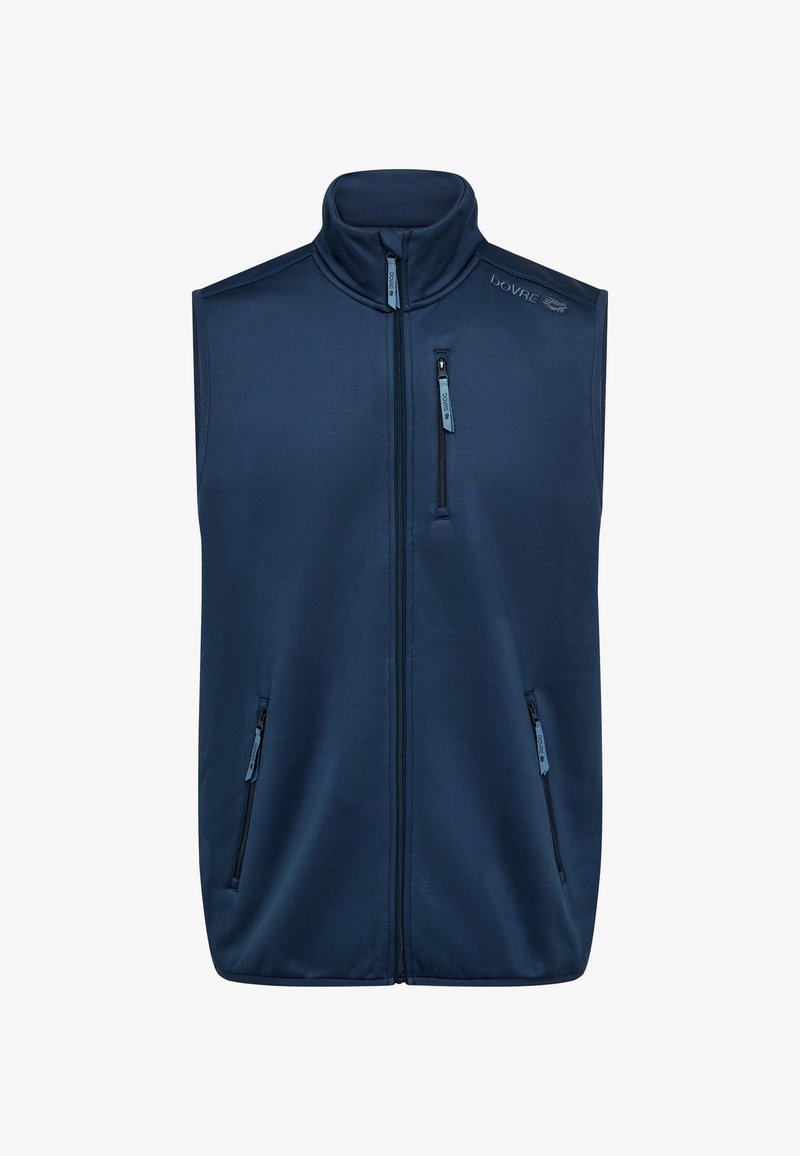 Dunkelblauer gepolsterter Weste mit hohem Kragen, durchgehendem Reißverschluss und drei Reißverschlusstaschen. Glatte Textur und minimalistisches Design.