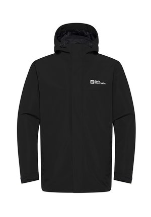 Schwarze wasserdichte Jacke mit Kapuze, ausgestattet mit einem Frontreißverschluss und einem Logo auf der Brust. Glatte Textur, verstellbare Bündchen und minimalistisches Design.