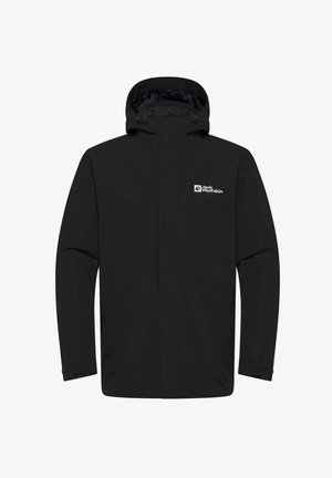 Veste noire imperméable avec capuche, dotée d'une fermeture éclair à l'avant et d'un logo sur la poitrine. Texture lisse, poignets ajustables et design minimaliste.