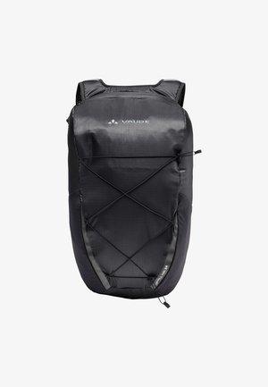 Zaino Vaude nero con un design elegante ed ergonomico. Presenta dettagli con cordini elastici e una texture di tessuto liscia e resistente all'acqua.