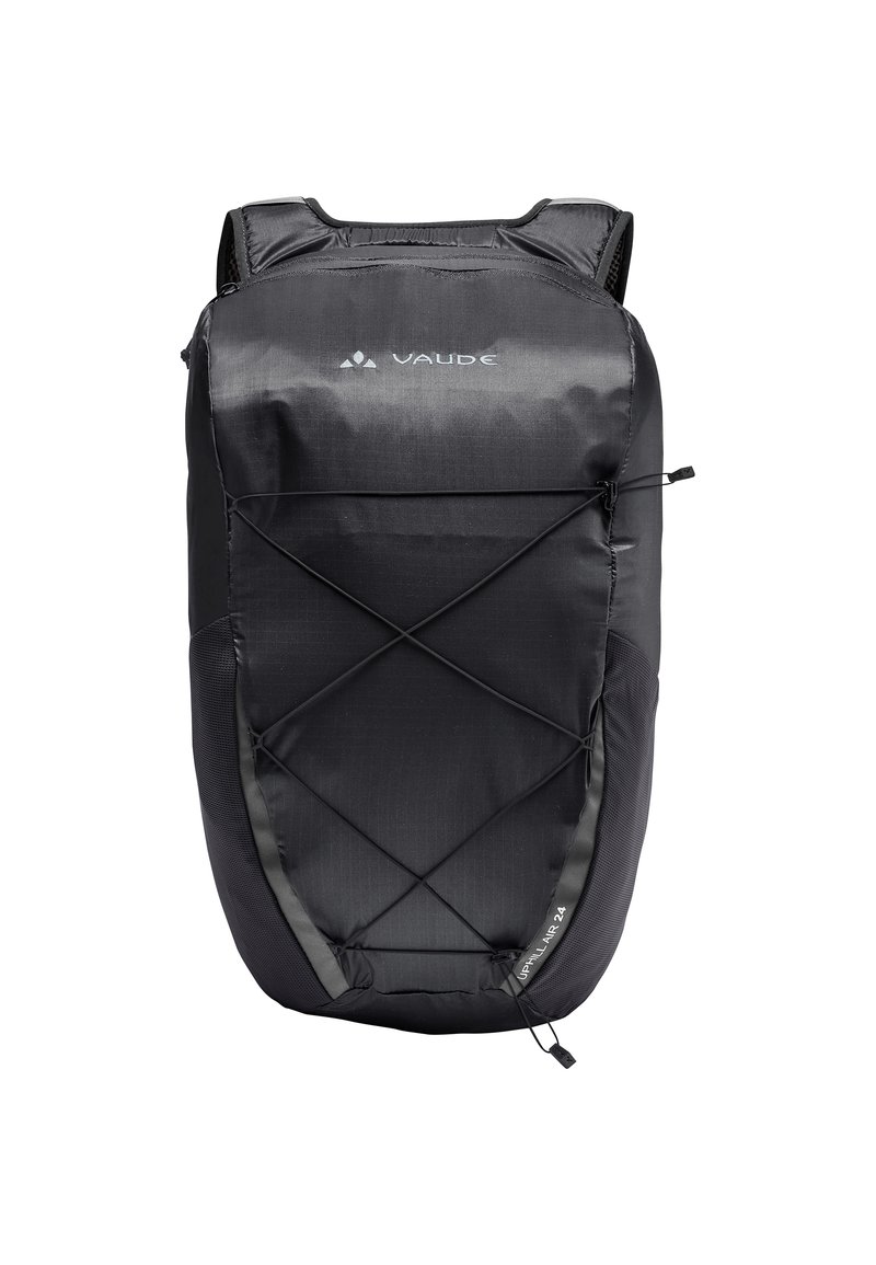 Schwarzer Vaude-Rucksack mit einem schlanken, ergonomischen Design. Verfügt über elastische Kordeldetails und eine glatte, wasserabweisende Stofftextur.
