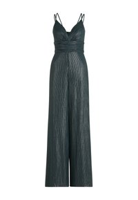 Combinaison vert foncé avec fines bretelles réglables, corsage ajusté à fronces et jambes larges avec une subtile brillance métallique.