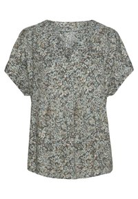 Blusa a maniche corte con un motivo floreale multicolore su sfondo grigio. Presenta un scollo a V e una vestibilità ampia realizzata in tessuto morbido e leggero.