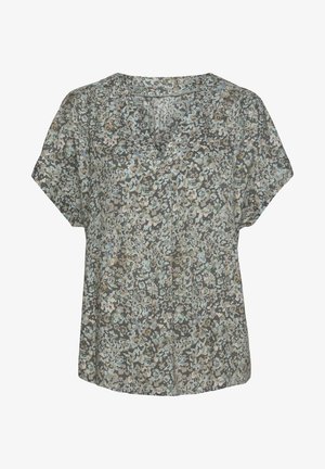 Blouse à manches courtes avec un motif floral multicolore sur fond gris. Présente un décolleté en V et une coupe décontractée avec un tissu doux et léger.
