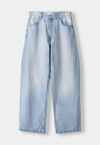 Svijetloplave traper široke hlače s srednjim strukom, dizajnom s pet džepova i suptilnim izbljeđivanjem; završene ravnim rubom i petljama za remen.