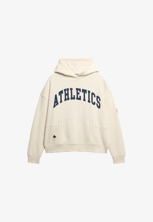Crème-kleurige hoodie met grote marineblauwe "ATHLETICS" opdruk. Voorzien van een kangoeroezak, trekkoordkap en een losse pasvorm. Zachte stoftextuur.