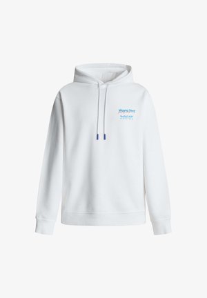 Valge kapuutsiga dressipluus esitlusega taskuga, siniste otsikutega nöörid ja väike sinine-punane "World Tour Red Bull Racing" logo vasakul rinnal.