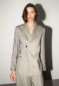 Lichtgrijze, geblokte blazer met een sjawl-kraag en enkele knoopsluiting. Textuurstof en getailleerde pasvorm met zijzakken.