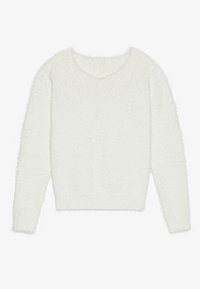 Weißer, flauschiger Pullover mit langen Ärmeln und breitem V-Ausschnitt. Die Textur ist weich, und der Saum ist gerippt für eine bequeme Passform.