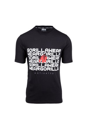 Zwart T-shirt van katoen met gedurfde witte tekst "GORILLA WEAR" en een rode gorilla-afbeelding; korte mouwen en ronde hals.