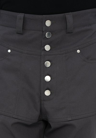 Gray high-waisted pants feature a front button closure with six silver buttons and two side pockets. The fabric appears sturdy with a smooth texture.