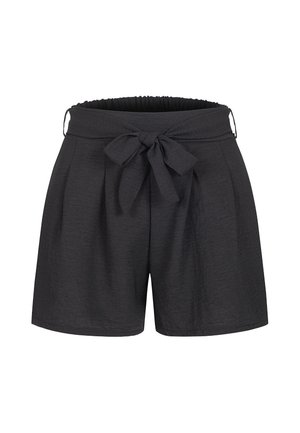 Pantalones cortos negros para mujer de talle alto con una cinturilla ancha y un cinturón de tela atado en un lazo al frente.