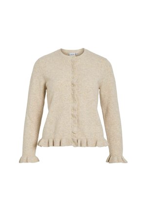 Cardigan tricoté beige à manches longues, avec ourlet ondulé et fermeture à boutons. Texture douce avec un motif subtil tout au long.